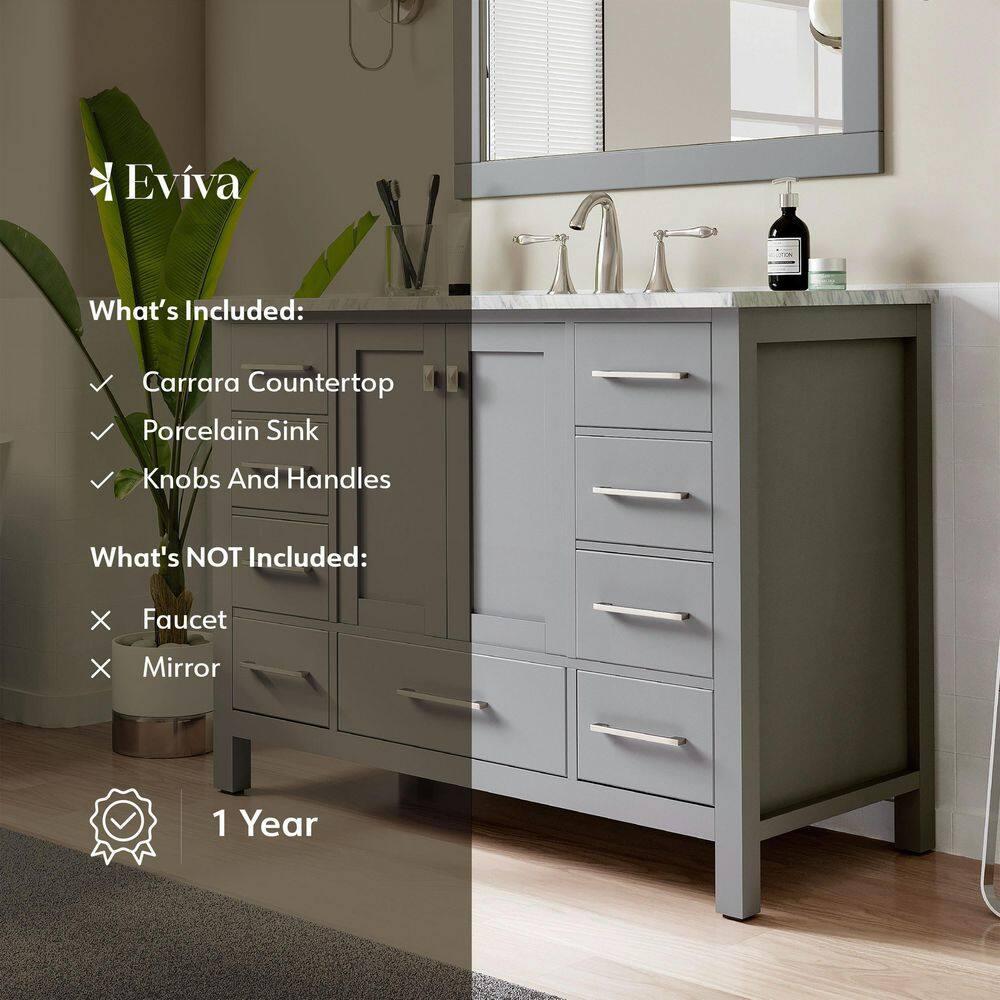 Eviva Aberdeen 42"W x 22"D Gray Bathroom Vanity with White Carrara Quartz Countertop and Undermount Porcelain Sink
