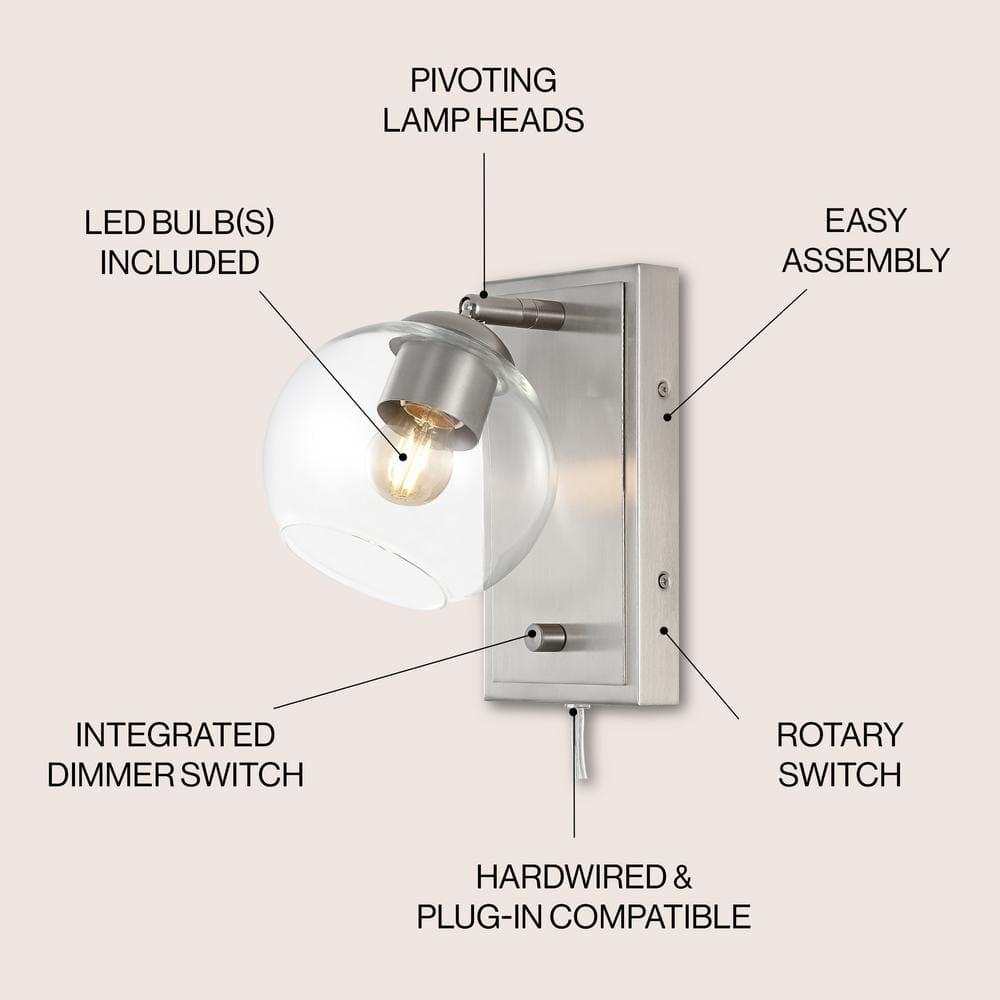 Hugo 6" 1-Light Minimalist Modern Plug-In or Hardwired Adjustable Iron LED Wall Sconce with Rotary Dimmer, Nickel with Clear Globe