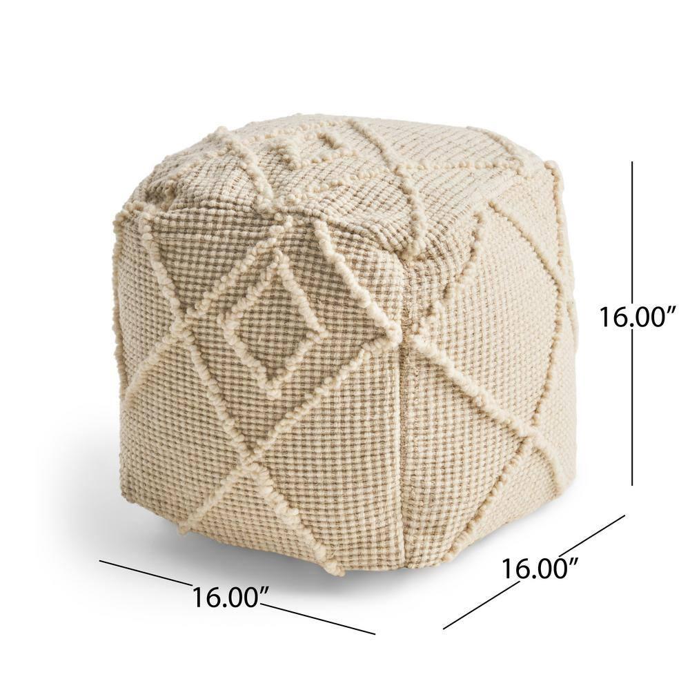 Noble House Cube Geometric Woven Wool Pouf, Off-White