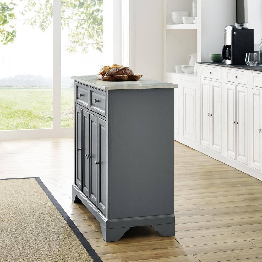 One Allium Way® Kitchen Island With Storage Shelves, Microwave Stand, Coffee Bar, Gray - Birch Veneer, Marble Finish, 2 Drawers & 3 Cabinets, Brushed Nickel Hardware