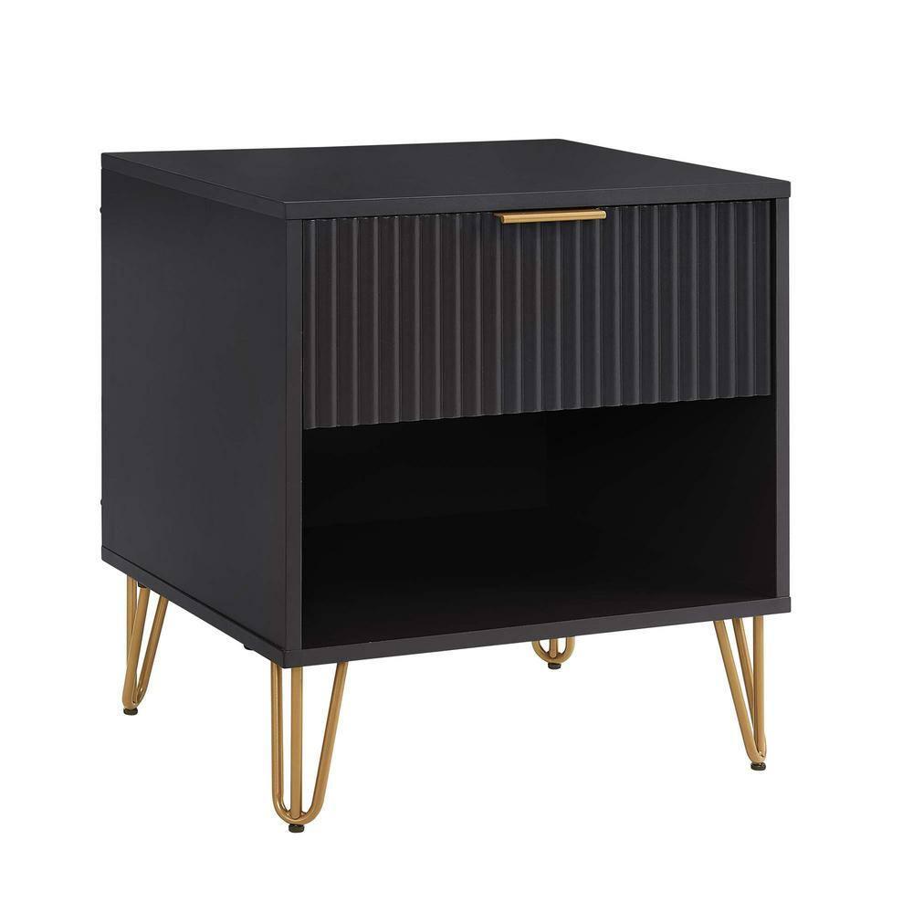 Manhattan Comfort Dumbo Nightstand with Drawer Black: Modern Design, Splayed Metal Legs, Soft Close Storage