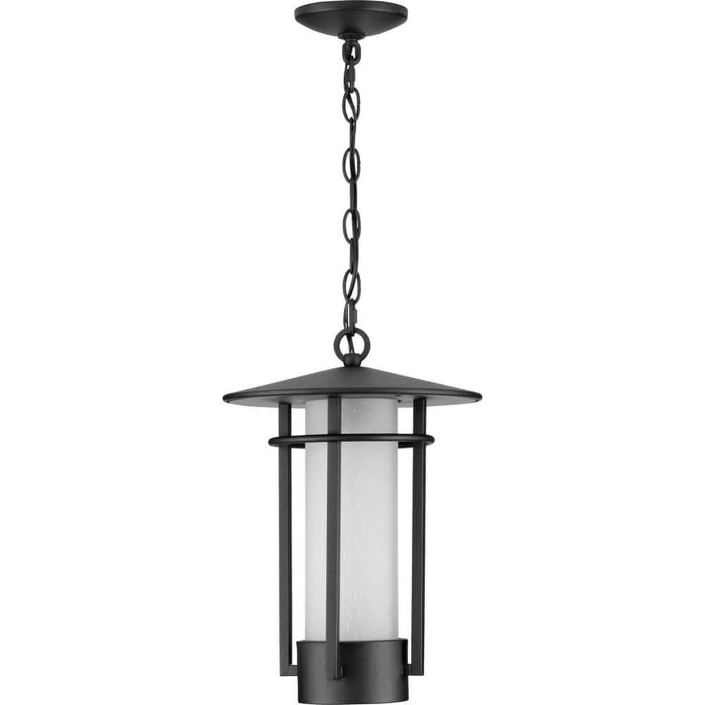 Exton Collection One-Light Textured Black and Etched Seeded Glass Modern Style Outdoor Hanging Pendant Lantern