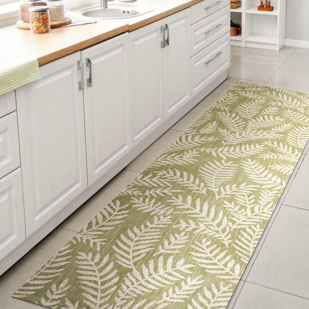 2' x 10' Nevis Palm Frond Indoor/Outdoor Runner Rug, Green/Cream - JONATHAN Y