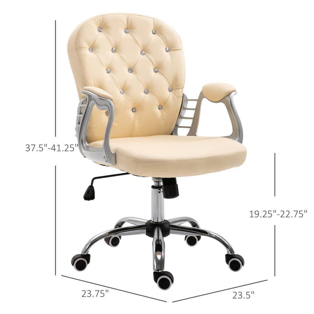 Vinsetto Vanity PU Leather Mid Back Office Chair Swivel Tufted Backrest Task Chair with Padded Armrests, Adjustable Height, Rolling Wheels, Beige
