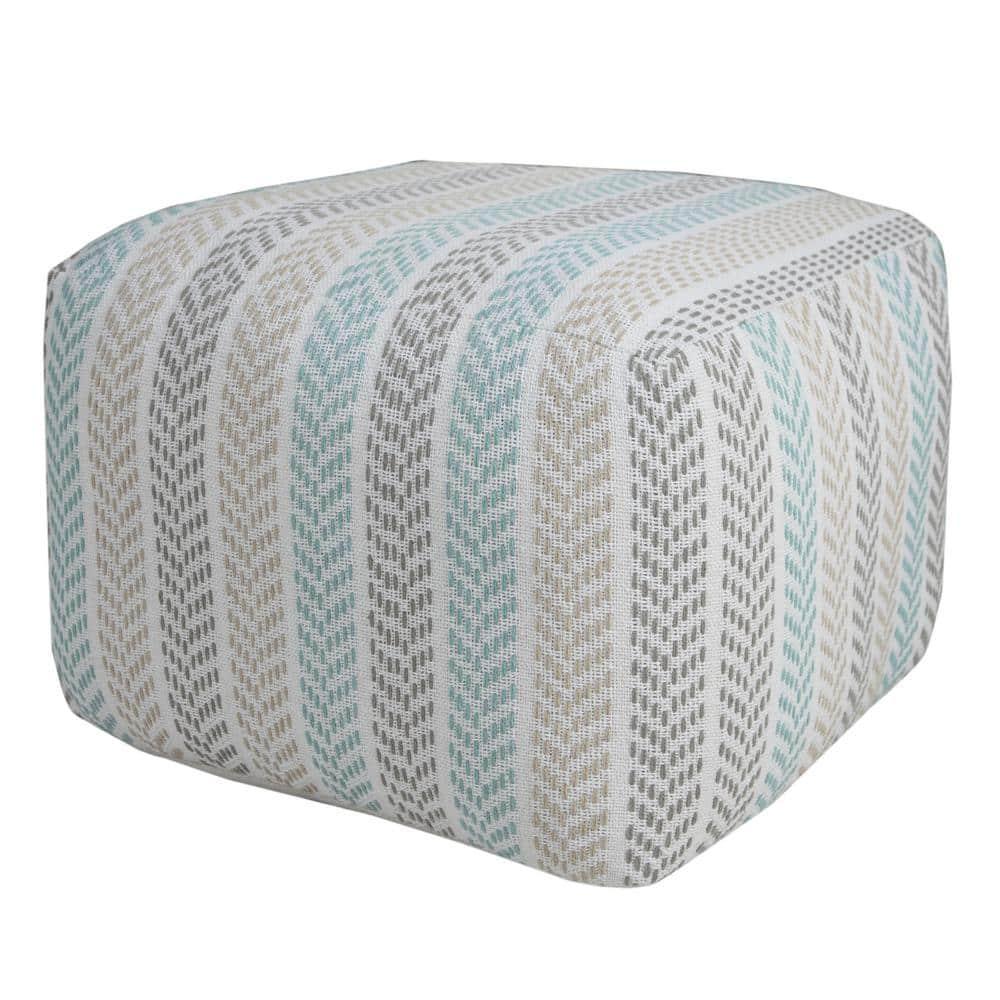 LR Home Small Chevron Indoor Square Pouf, Beige/Turquoise, 18" x 18" x 14"