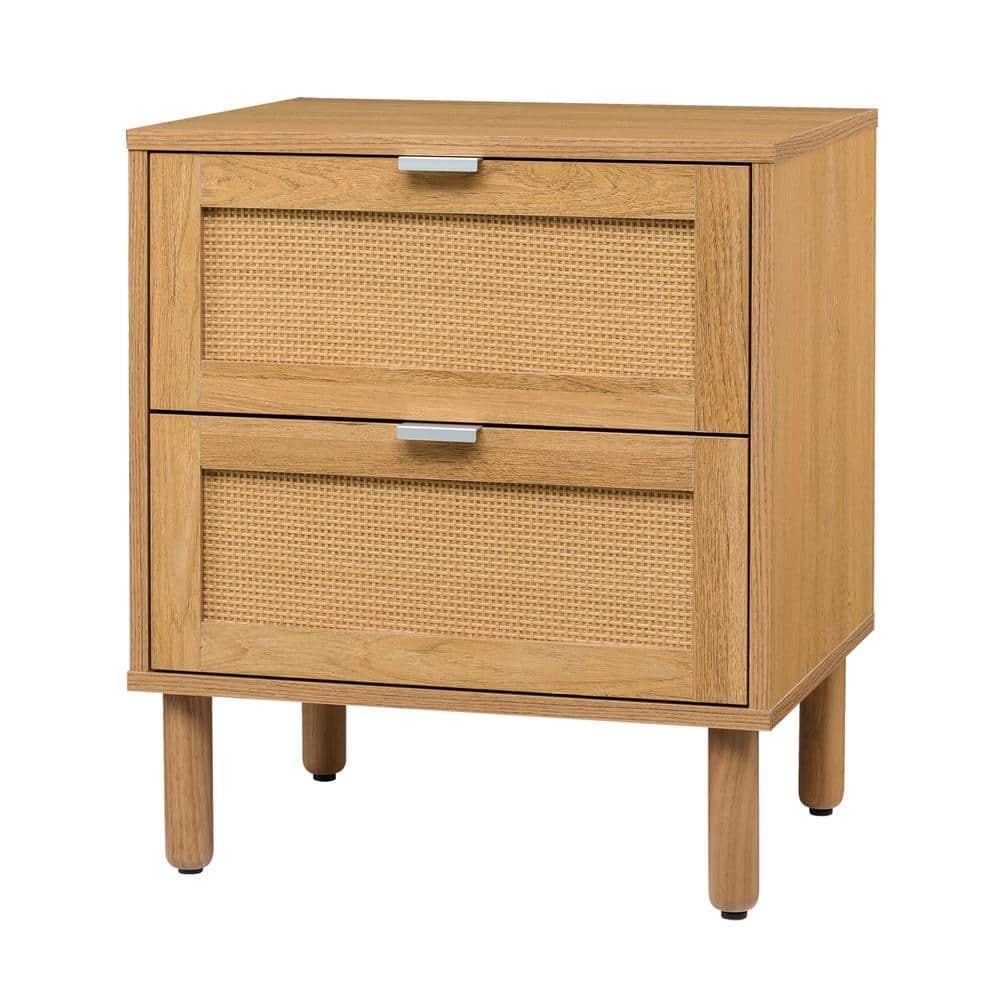 Sango Sango Orre 2-Drawer Solid Wood Nightstand, With Rattan, Cylicndrical Wooden Legs