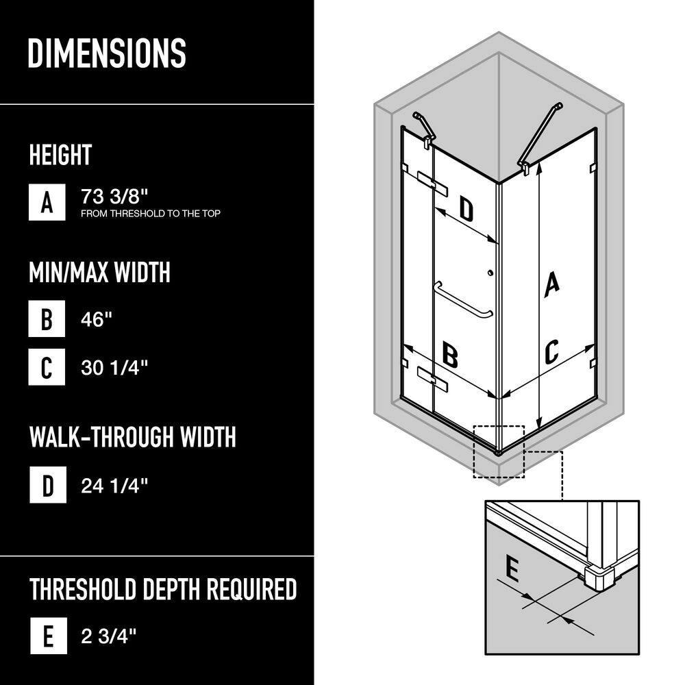 VIGO Monteray 48" W x 32" D x 79" H Hinged Frameless Shower Enclosure with 3/8 Clear Glass & Base VG6011BNCL48WL