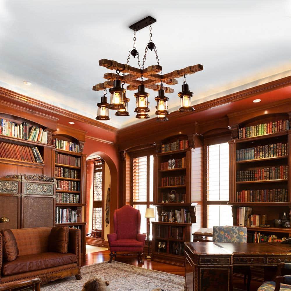 Rongfun 8-Light Rustic Country Chandelier Wood Pendant Lamp Industrial Ceiling Fixture