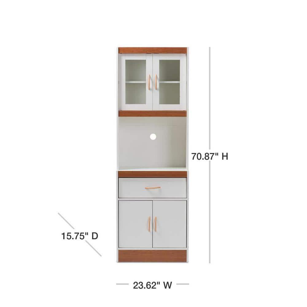 Baxton Studio Laurana Cherry Finished Kitchen Cabinet and Hutch White/Cherry Brown: Traditional Style, 4-Door Pantry Storage