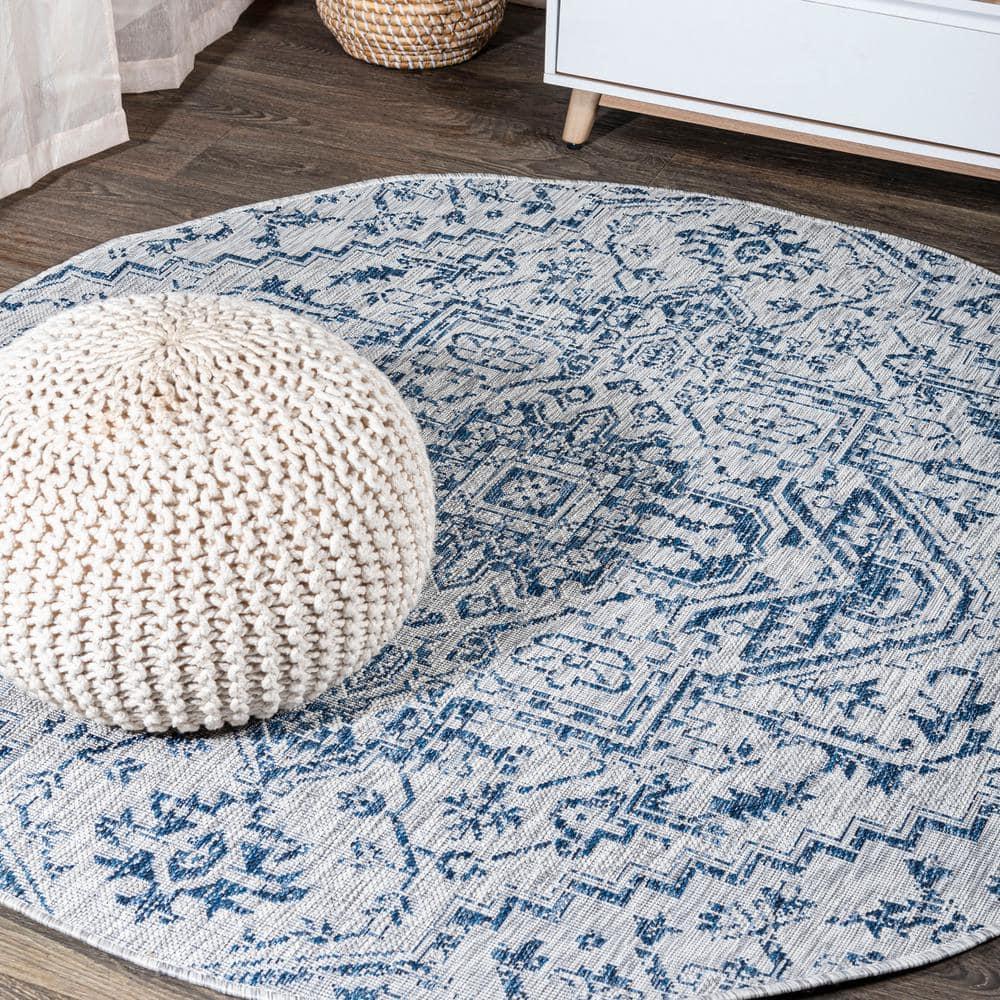 JONATHAN Y Estrella Bohemian Medallion Textured Weave Navy/Gray 9' Round Indoor/Outdoor Area Rug