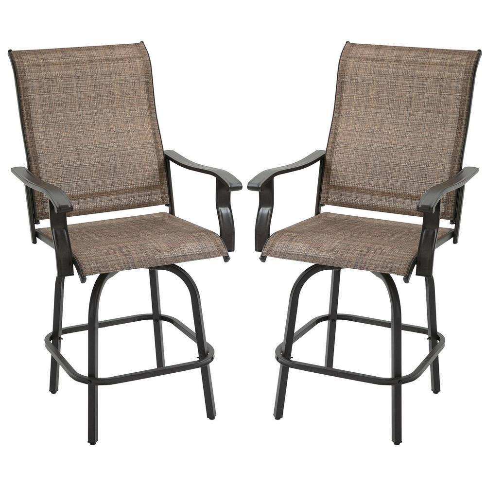 Canora Grey Outsunny Set of 2 Outdoor Swivel Bar Stools with Armrests, Bar Height Patio Chairs with Steel Frame , Brown