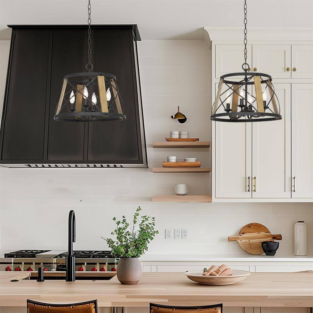 Kira Home Napa 18" Farmhouse Round Pendant Chandelier, Open Cage Design, Smoked Birch Wood, Perfect for Dining Rooms