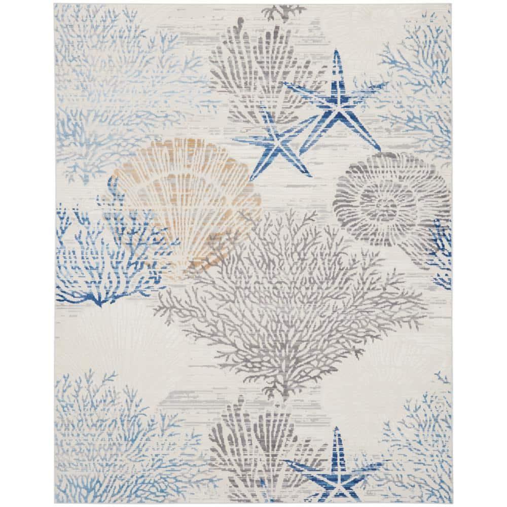 Nourison Pompeii 7'10" x 9'10" Ivory Grey Blue Coastal, Nautical & Beach Indoor Rug