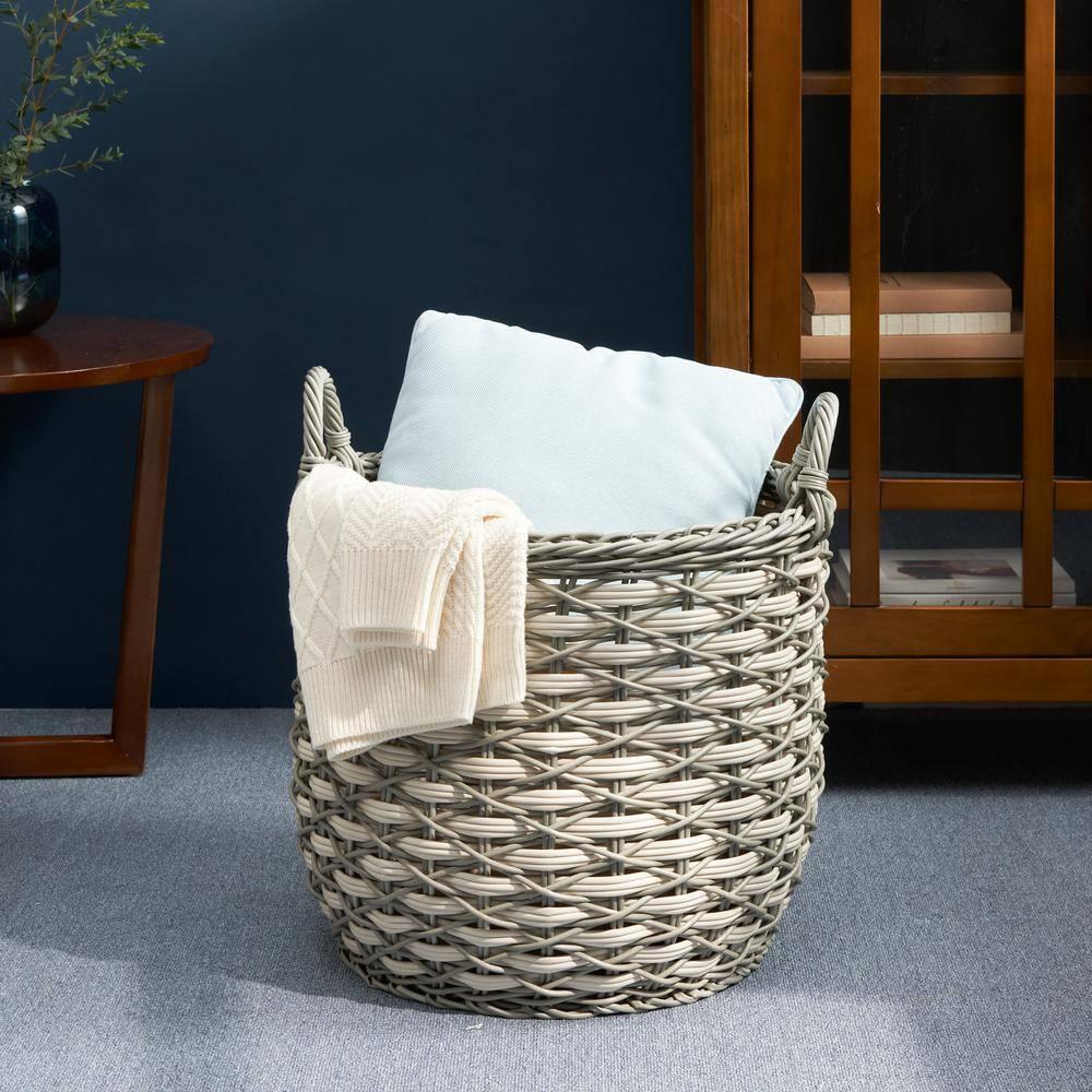 White and Gray Round Resin Woven Wicker Storage Basket with Handles