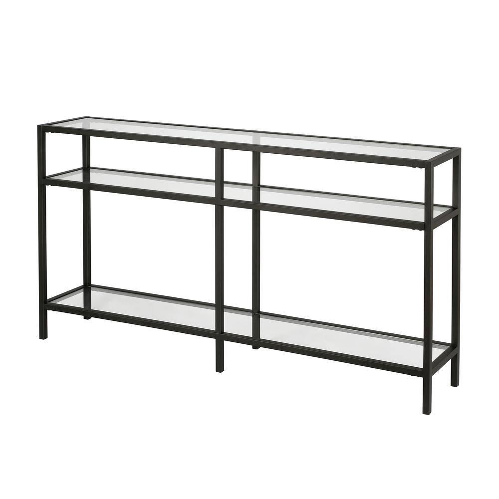 Sivil 55" Blackened Bronze and Black Metal Console Table with Glass Top