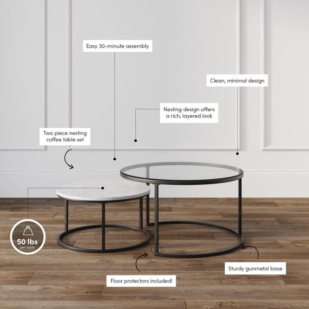 Nathan James Stella Nesting Coffee Tables Faux Carrara Marble Glass Black/White