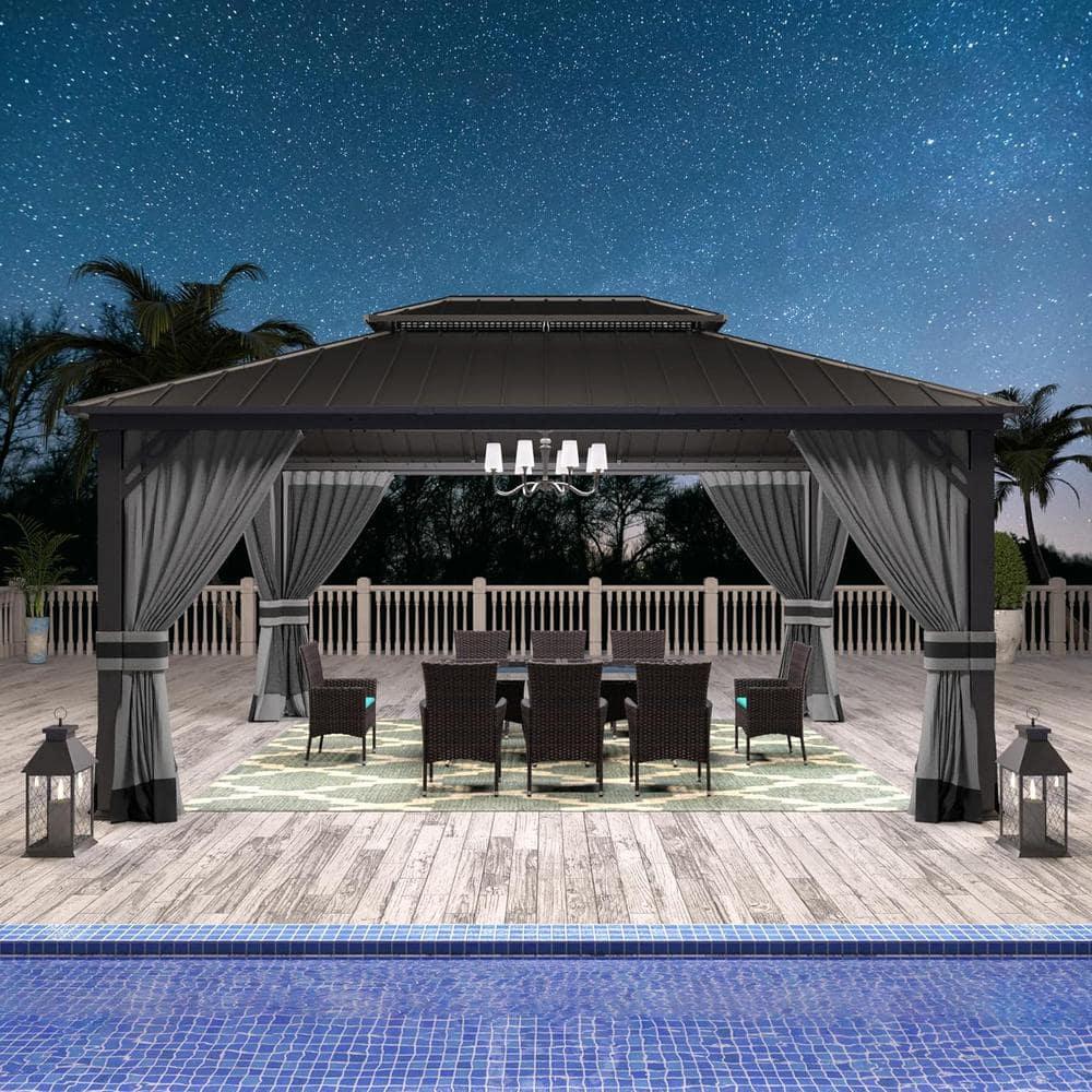 Kozyard Kozyard Alexander Gray Double Roof Hardtop Gazebo with Privacy Curtain Mosquito Netting