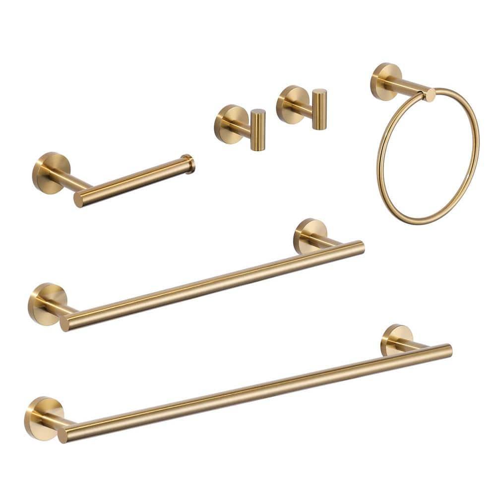 Bathroom Towel Holder Set, 6 Pieces Brushed Gold Towel Bar Bathroom Hardware Accessories Set, SUS304 Stainless Steel Towel Rack Towel Ring Toilet Paper Holder Set Wall Mounted