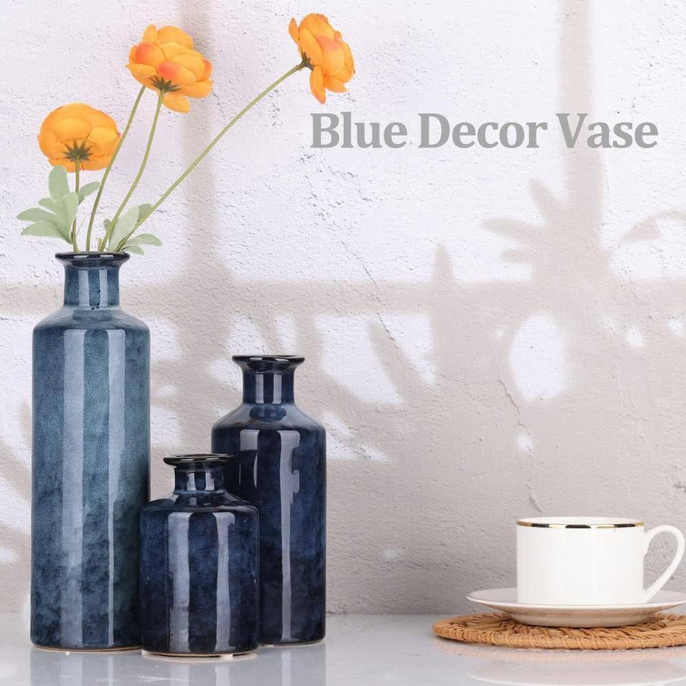 Blue Ceramic Vase Set for 3 - Modern Waterproof Small Vases, Farmhouse Country Home Decor, Living Room, Table, Fireplace, and Entrance Centerpieces