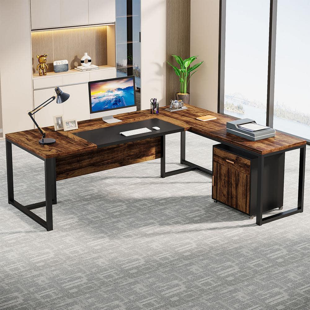 Capen 70.8 in. L Shaped Rustic Brown Wood Executive Desk with File Cabinet L Shaped Computer Desk for Home Office
