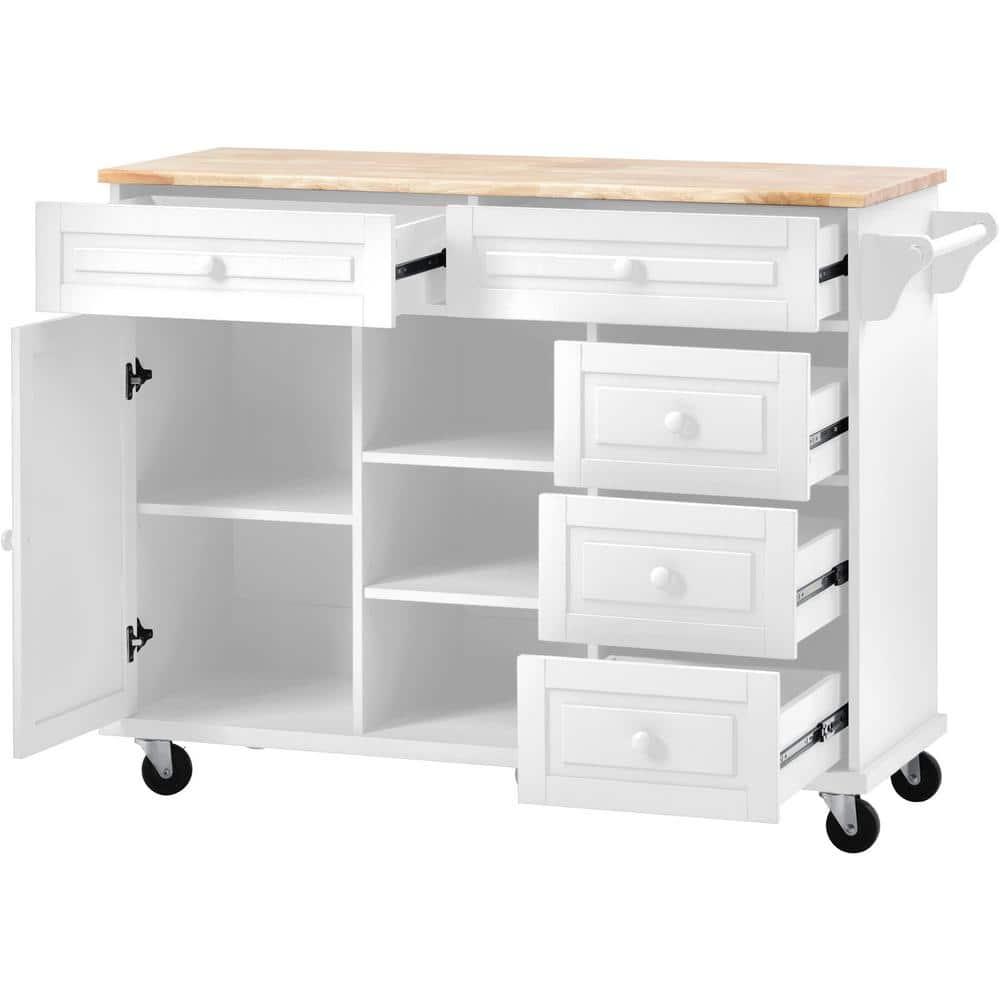 Kitchen Island Cart with 5 Drawers, 1 Cabinet and 2 Adjustable Shelves, 52.8" Kitchen Trolley Cart with Spacious Tabletop and Locking Wheels, Buffet Server Sideboard with Spice Rack & Towel Rack White