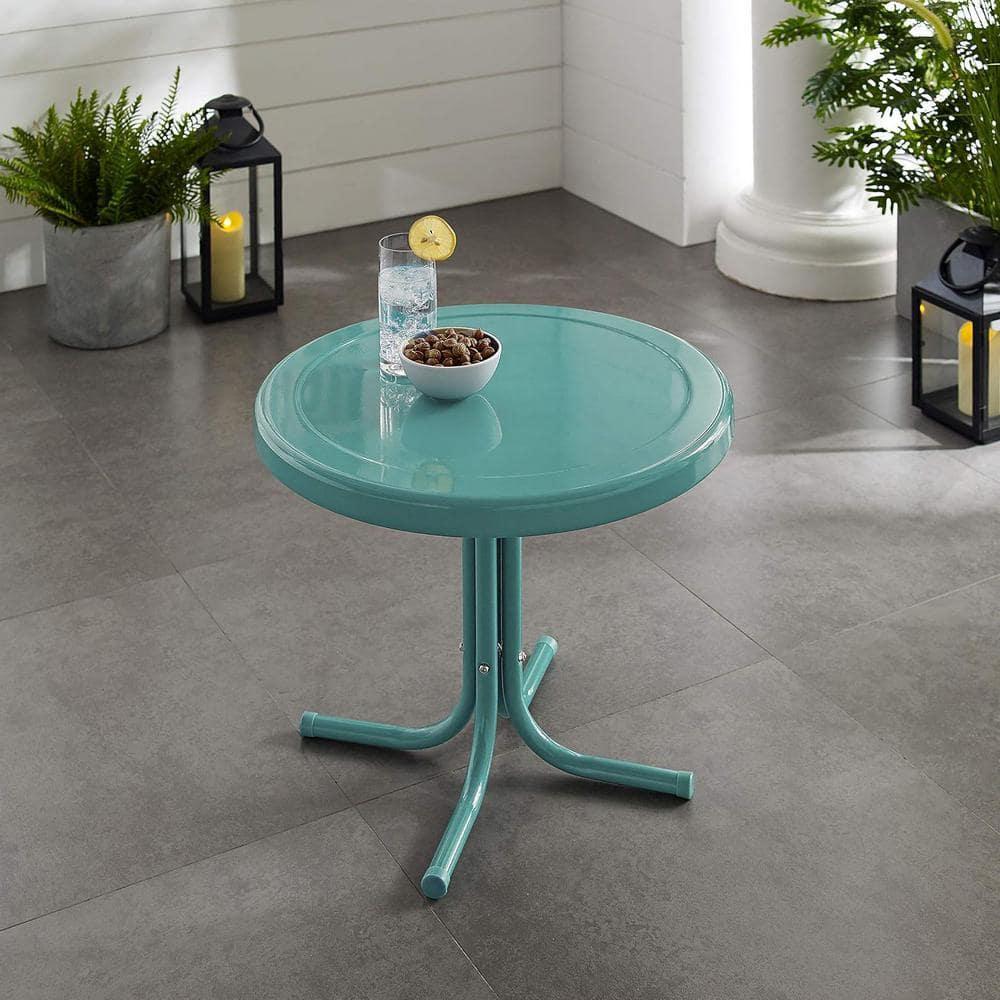 Crosley Retro Metal Patio Side Table Pastel Blue Satin: Vintage Style, Round, Weather-Resistant
