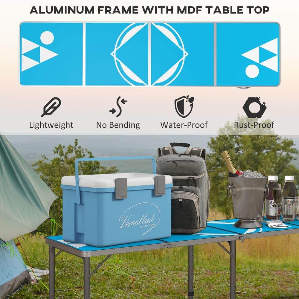 HLILish Outsunny 8Ft Portable Beer Pong Table With Adjustable Legs, Folding Camping Table, Aluminum Picnic Table, For Party, Travel, BBQ, Beach