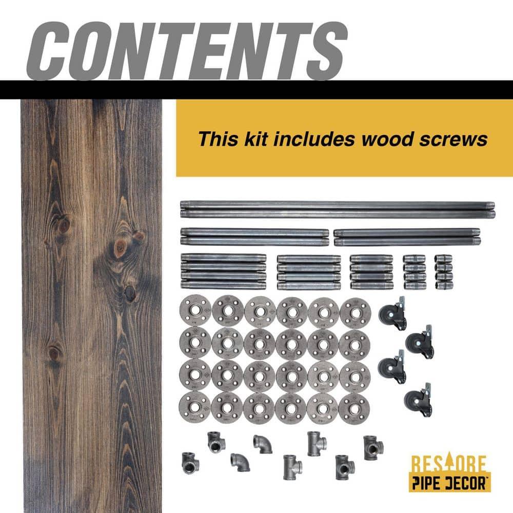 PIPE DECOR Restore by Industrial 3 Tier Solid Wood & Steel Pipe Bar Cart with Wheels Boulder Black