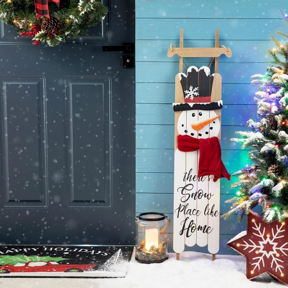 Glitzhome Wooden Welcome Sign for Front Door Porch Farmhouse Christmas Wall Hanging Snowman Sign Primitive Porch Sign for Christmas Festivals, 42”H