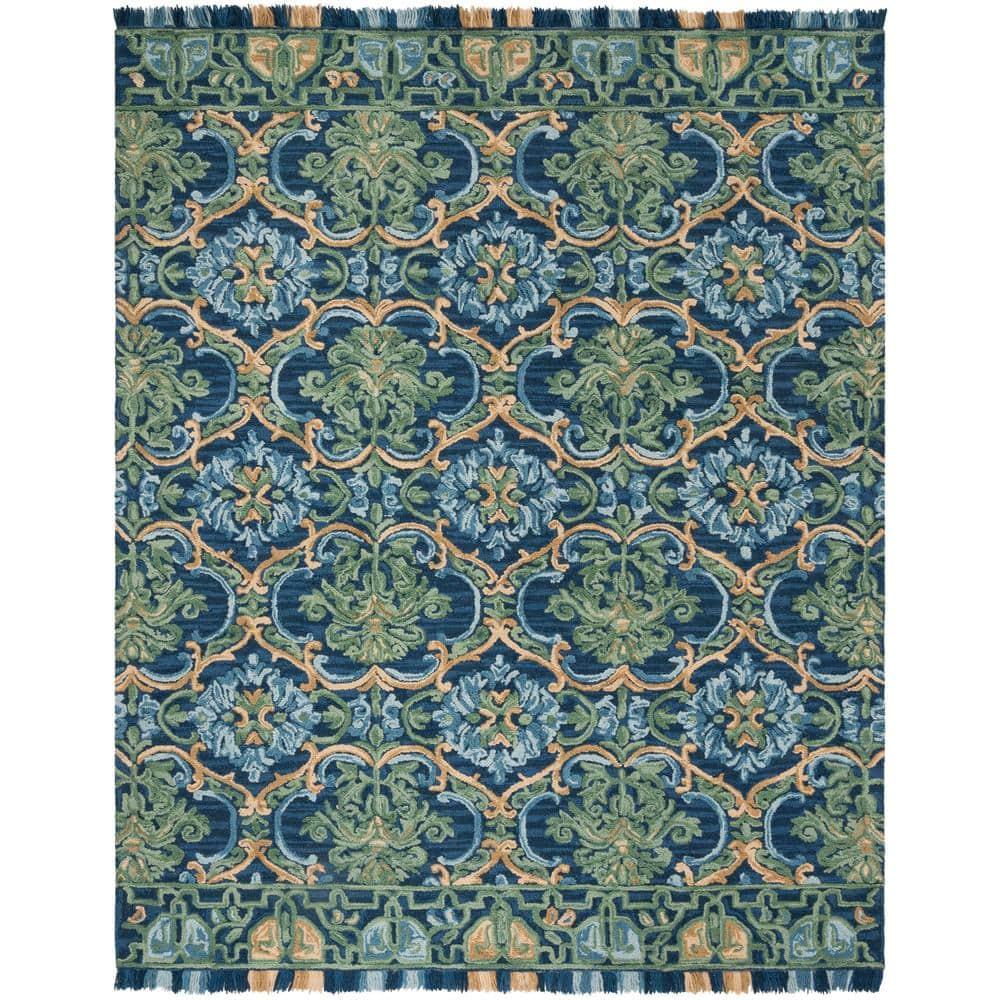 Blossom BLM422 Hand Tufted Area Rug - Navy/Green - 8'9"x11'9" - Safavieh..