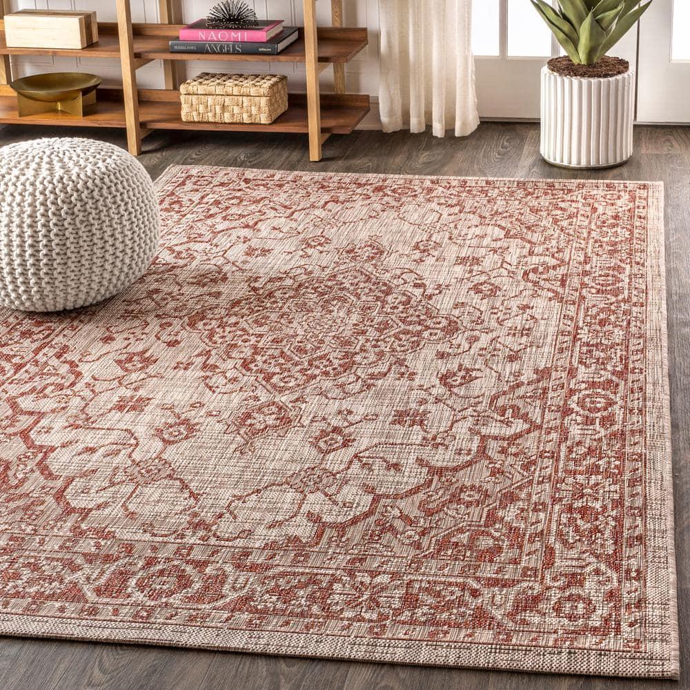 4'x6' Rozetta Boho Medallion Textured Weave Indoor/Outdoor Area Rug, Red/Taupe - JONATHAN Y