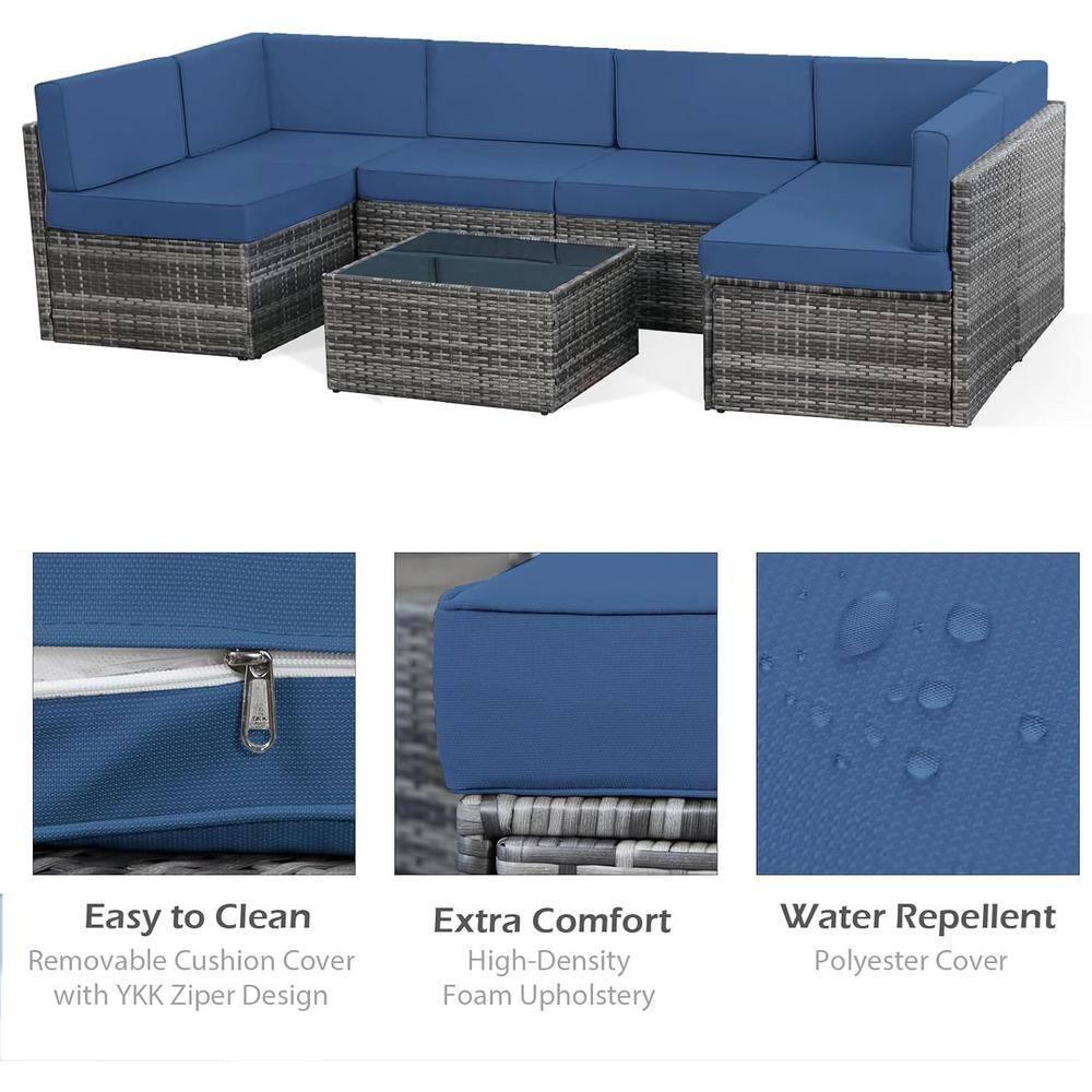 U-MAX 7 Piece Outdoor Patio Furniture Set, PE Rattan Outdoor Wicker Sectional Furniture Chair Set with Cushions and Tea Table, Grey Rattan and Navy Cushion