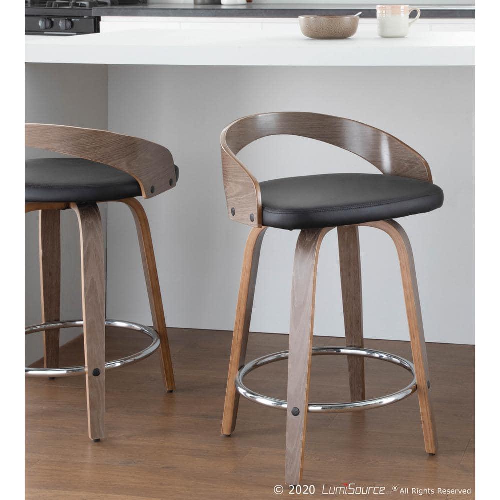 Grotto Mid-Century Modern Counter Stool with Light Grey Wood and Black Faux Leather by LumiSource - Set of 2