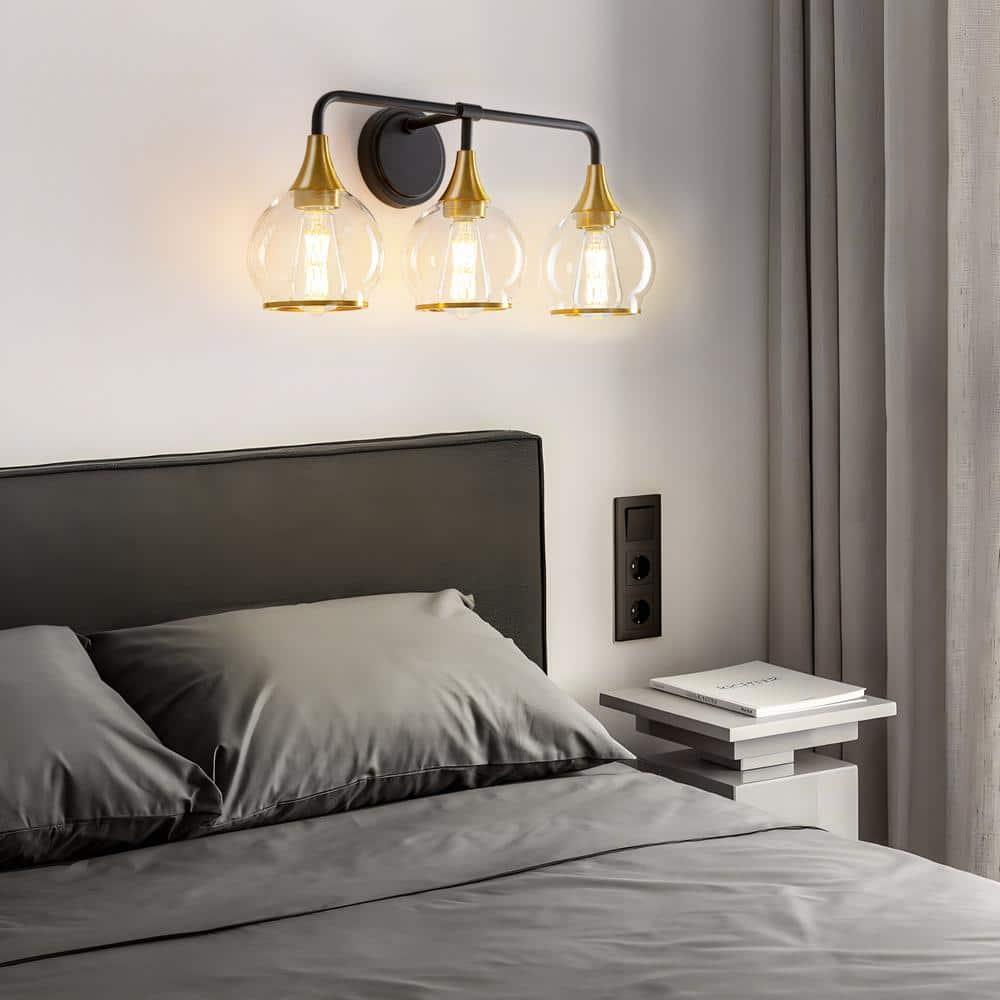 KAISITE 3-Light Black & Gold Dimmable Vanity Light with Clear Glass Shades