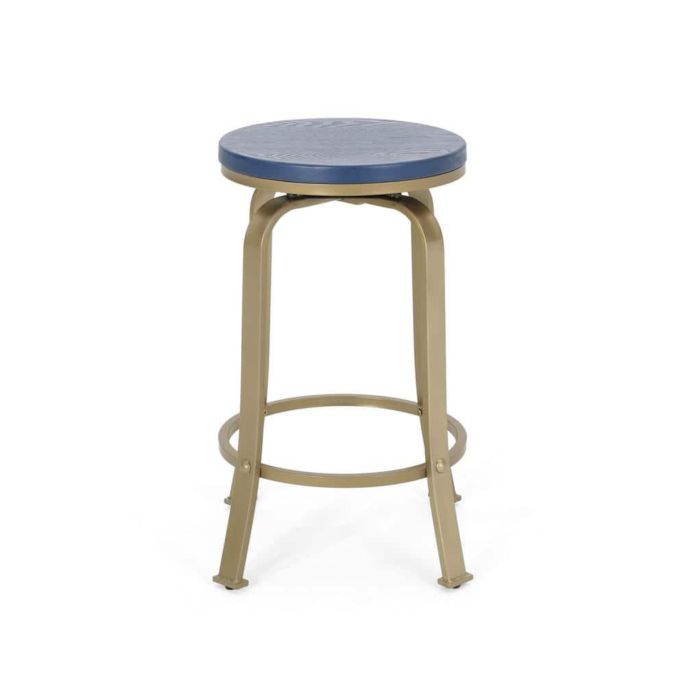 Noble House Skyla Modern Swivel Counter Stool in Blue and Gold (Set of 2)