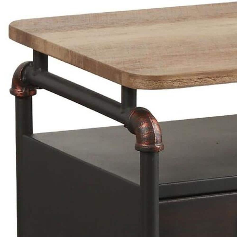 Industrial Pipe Detailed Nightstand With One Drawer And One Shelf, Antique Oak and Sandy Grey- Saltoro Sherpi