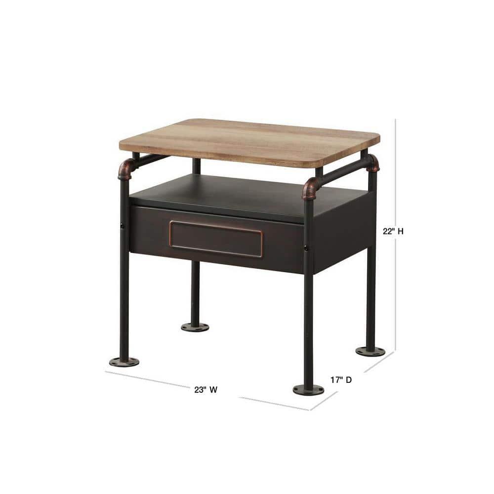 Industrial Pipe Detailed Nightstand With One Drawer And One Shelf, Antique Oak and Sandy Grey- Saltoro Sherpi
