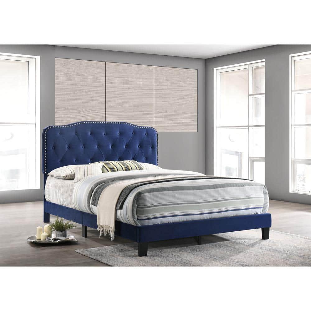 Roy Navy Blue Velvet Upholstered Full Panel Bed