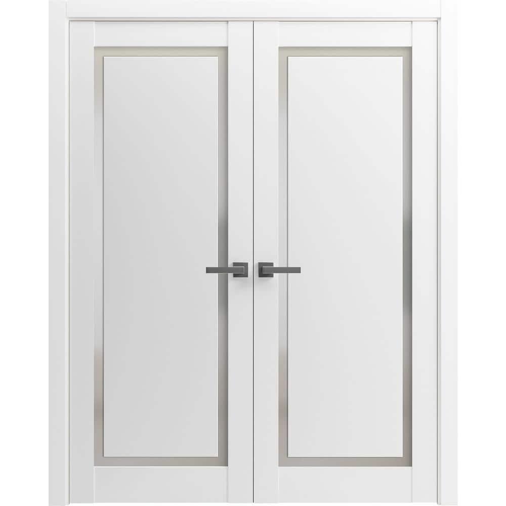 SARTODOORS Solid French Double Doors | Planum 0888 Painted White With Frosted Glass | Wood Solid Panel Frame Trims | Closet Bedroom Sturdy Doors