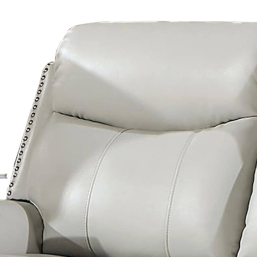 Benjara Flo 87 Inch Power Recliner Sofa, USB, Nailhead, Faux Leather, Light Gray | Wayfair