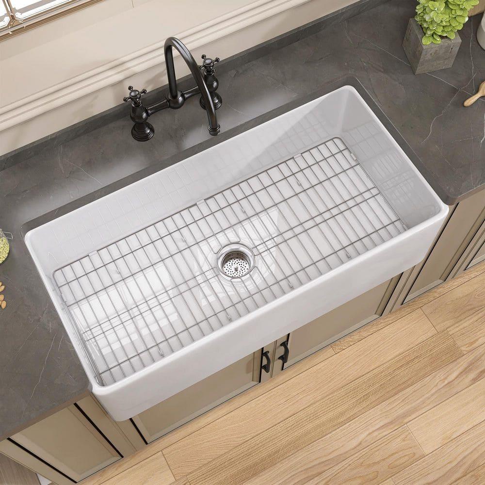 Pure 33 in. Workstation White Kitchen Sink Apron Front Fireclay Farmhouse Sink Single Bowl with Accessory Kit