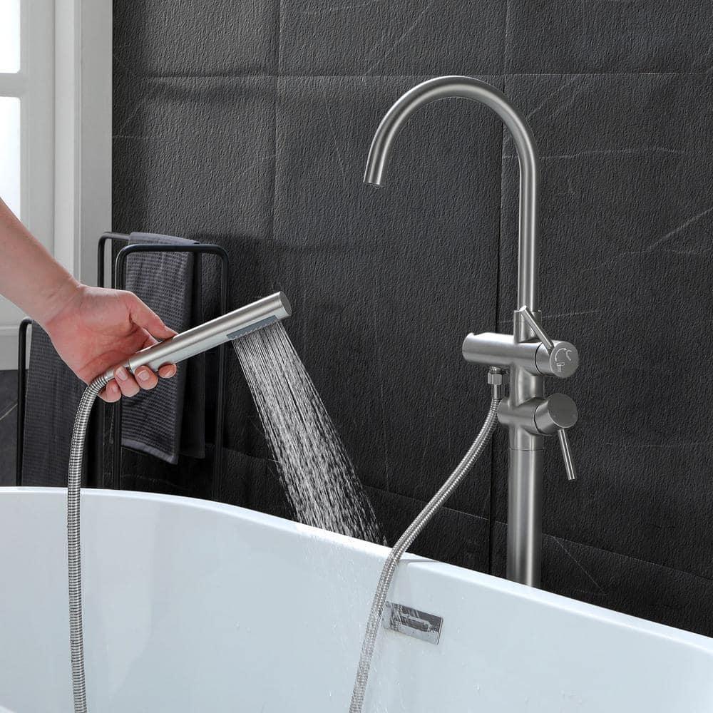 Double Handle Floor Mounted Freestanding Tub Filler With Handshower