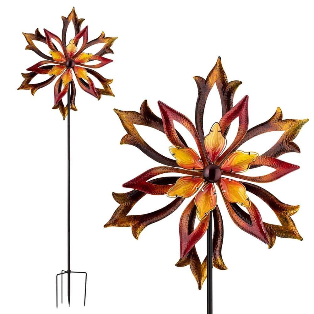96" Glass/Iron Outdoor Flower Dual Kinetic Spinner Stake Red/Yellow - Alpine Corporation: Yard Art Decor
