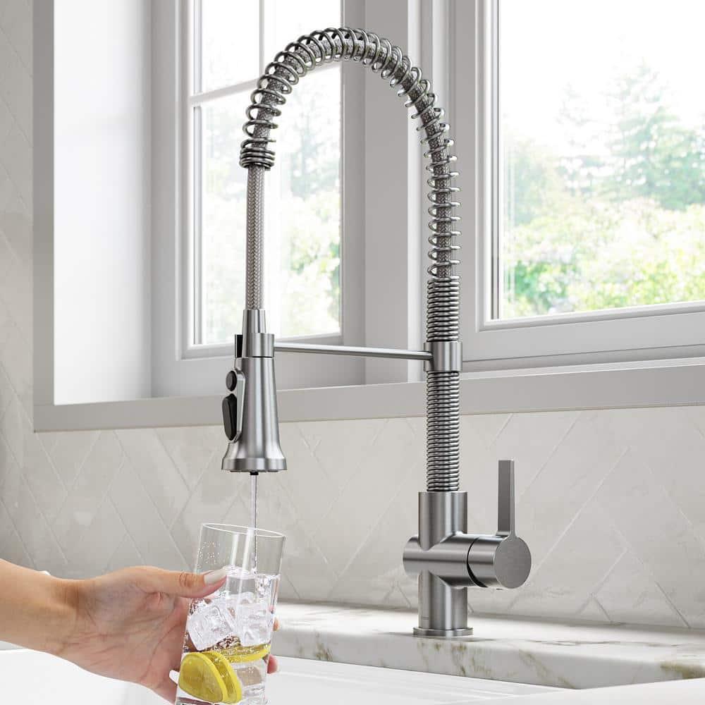 KRAUS Britt 2-In-1 Commercial Style Pull-Down Single Handle Water Filter Kitchen Faucet In Spot-Free With Purita 2-Stage Under-Sink Filtration System