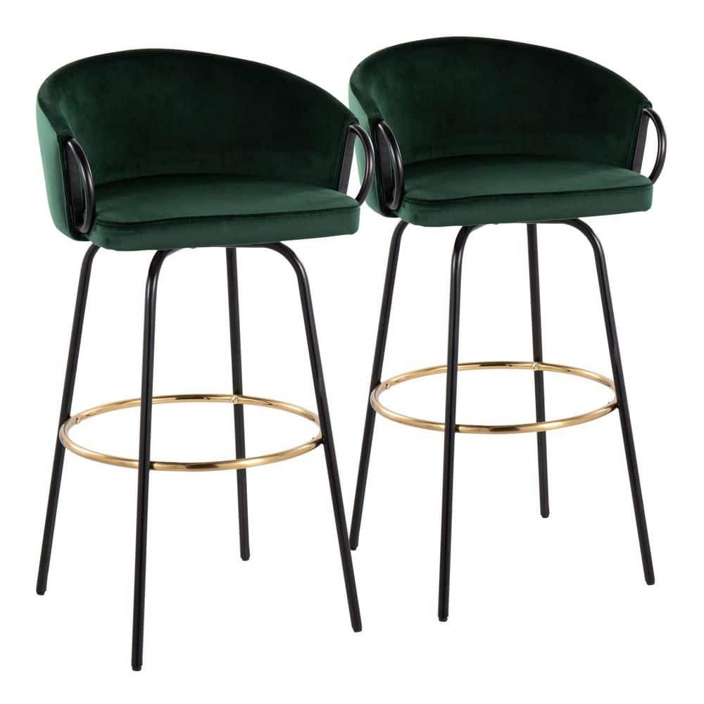 Set of 2 Claire Barstools Black/Emerald Green - LumiSource: Velvet Upholstery, Swivel, Metal Frame, Fixed Height