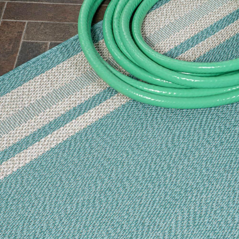 5' x 8' James Modern Border Stripe Indoor/Outdoor Area Rug, Aqua/Beige - JONATHAN Y