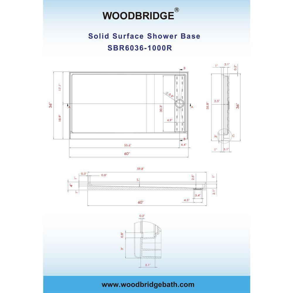 60" x 36" Solid Surface Single Threshold Shower Pan Base with Drain Assembly & Drain Cover Included, Non-Slip