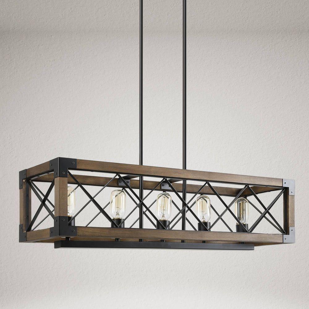 Farmhouse 5-Light Wood and Black Metal Chandelier, Rectangular Kitchen Island Light Fixture