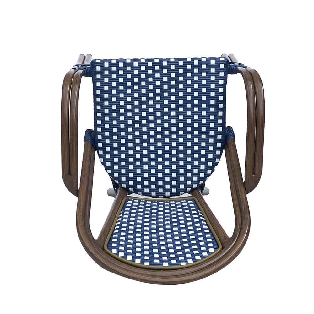 Cecil Aluminum and Wicker Outdoor French Bistro Chairs, Set of 2, Navy Blue, White, and Brown Wood