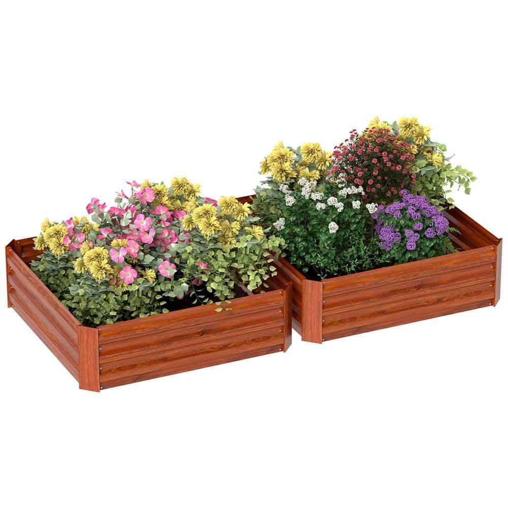 Outsunny 3.3' x 3.3' x 1' 2-Piece Galvanized Raised Garden Bed Box Planter Raised Beds with Steel Frame for Vegetables, Flowers, and Herbs, Dark Brown